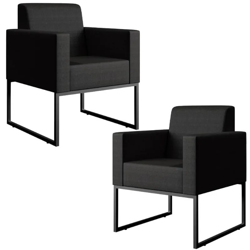 Kit 02 Poltronas Base Fixa De Metal Facto Preto Metalizado