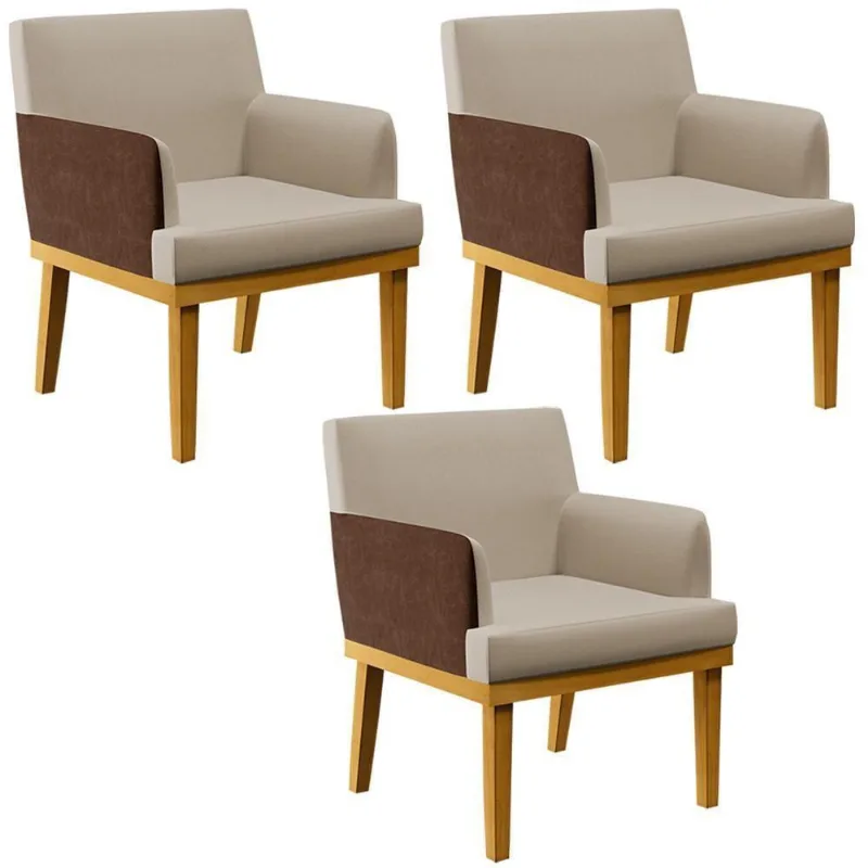 Kit 03 Poltronas Base Mel Linho Bege Couríssimo Marrom