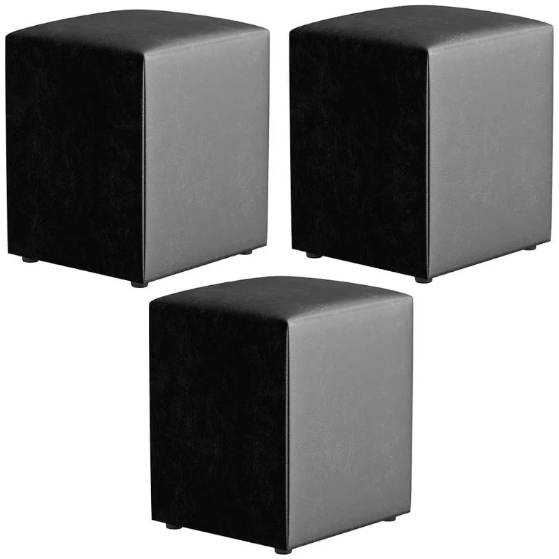 Kit 03 Puffs Quadrado L02 Decorativo Couríssimo Preto Brilho - Lyam Decor
