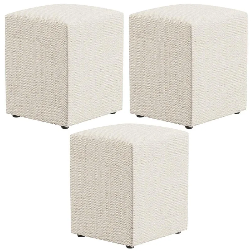 Kit 03 Puffs Quadrado L02 Decorativo Linho Champagne - Lyam Decor
