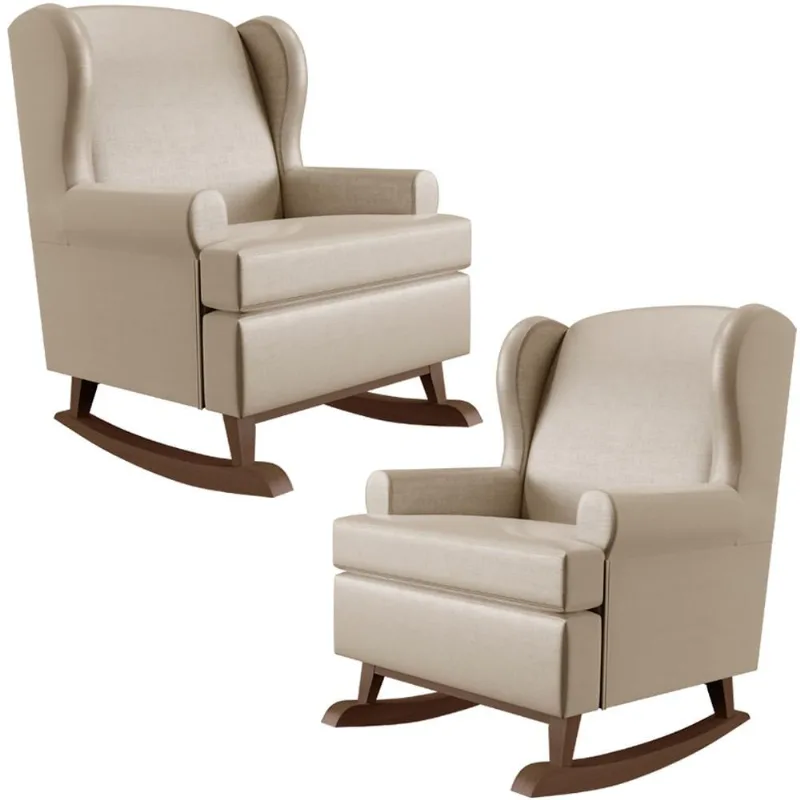 Kit 2 Poltronas Amamentação Com Balanço Malu Base Madeira P02 Facto Pérola Metalizado - Lyam Decor