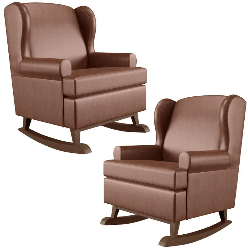 Kit 2 Poltronas De Amamentação Com Balanço Malu Base De Madeira P02 Couríssimo Marrom - Lyam Decor