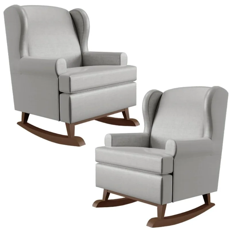 Kit 2 Poltronas De Amamentação Com Balanço Malu Base Madeira P02 Facto Cinza Metalizado - Lyam Decor