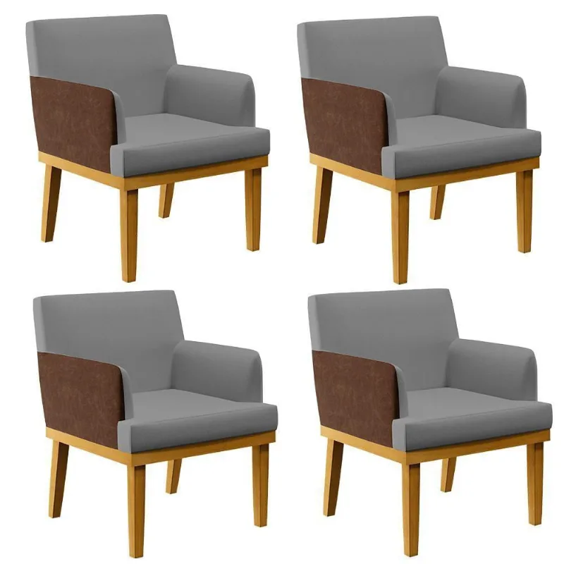 Kit 4 Poltronas Sala Estar Linho Cinza Escuro Marrom