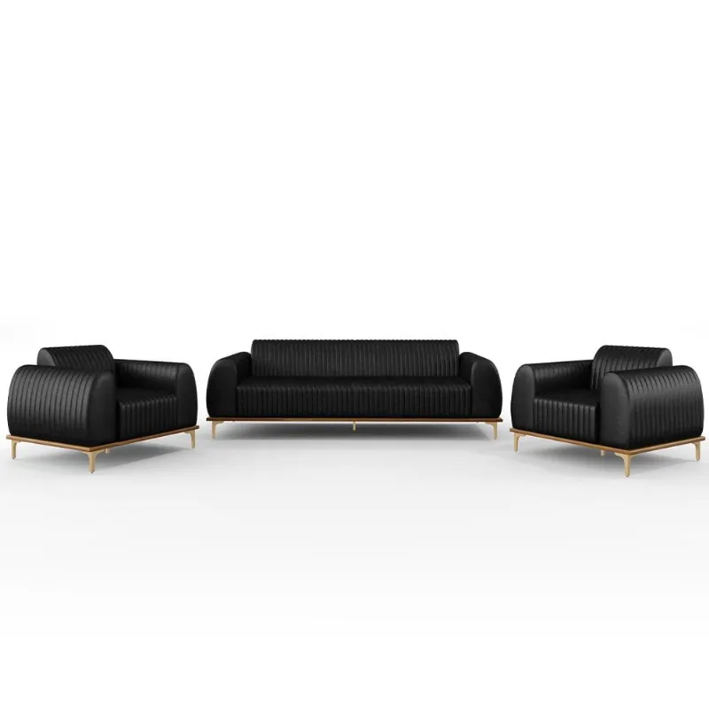 Kit Sofá 3 Lugares 210cm Com 2 Poltronas Molino Pés D'ouro D02 Couríssimo Preto B-159 - Lyam Decor - Lyam Decor