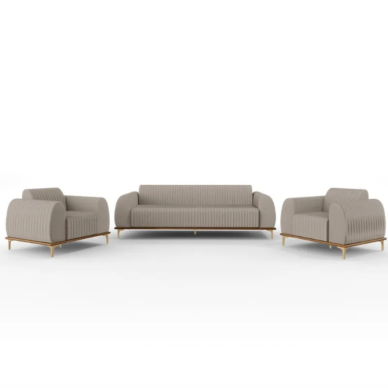 Kit Sofá 3 Lugares 210cm Com 2 Poltronas Molino Pés D'ouro D02 Linho Bege C-107 - Lyam Decor - Lyam Decor