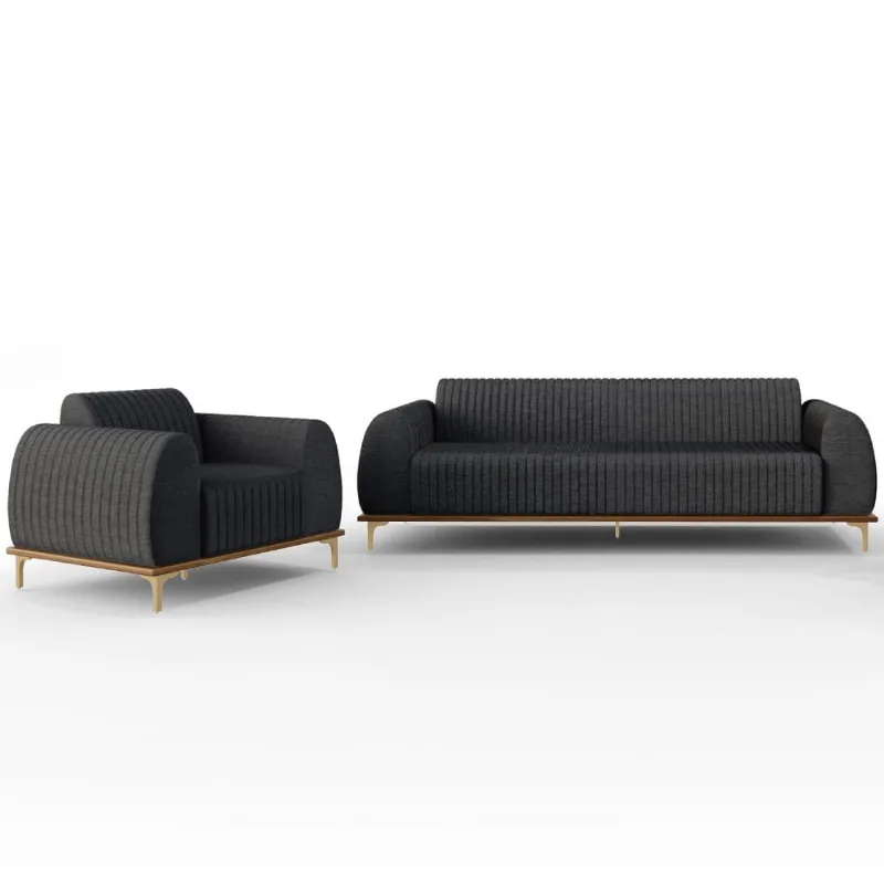 Kit Sofá 3 Lugares 210cm Com Poltrona Molino Pés D'ouro D02 Linho Cinza Escuro C-416 - Lyam Decor - Lyam Decor