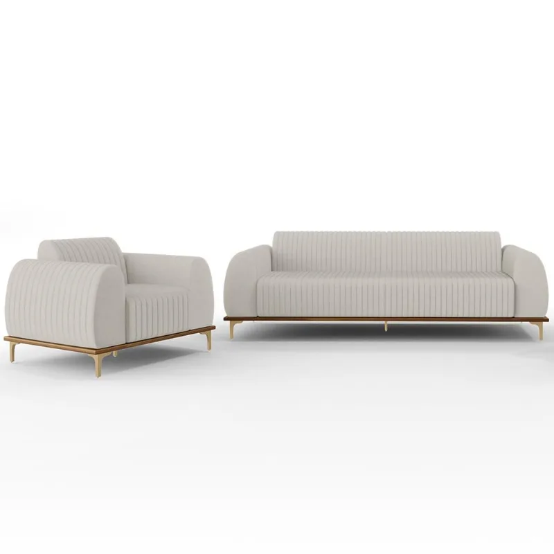 Kit Sofá 3 Lugares Sala Estar 210cm Com Poltrona Molino Pés D'ouro D02 Linho Cru C-443 - Lyam Decor - Lyam Decor