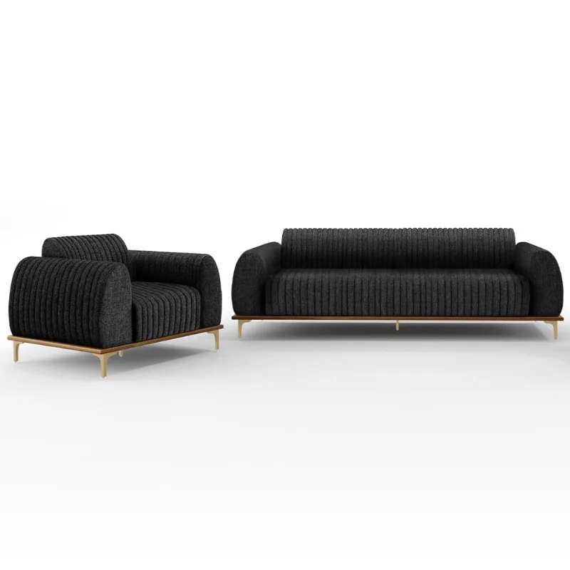 Kit Sofá 3 Lugares Sala Estar 210cm E Poltrona Molino Pés D'ouro D02 Linho Chumbo D-465 - Lyam Decor - Lyam Decor