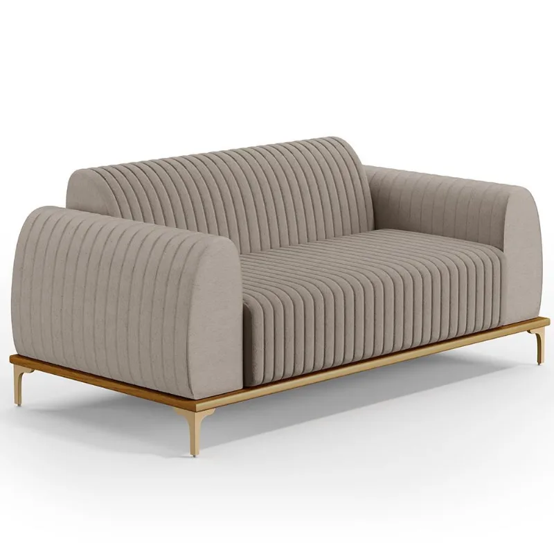 Sofá 3 Lugares Para Sala De Estar Molino 210 Cm D02 Pés D'ouro Linho Bege C-107 - Lyam Decor - Lyam Decor