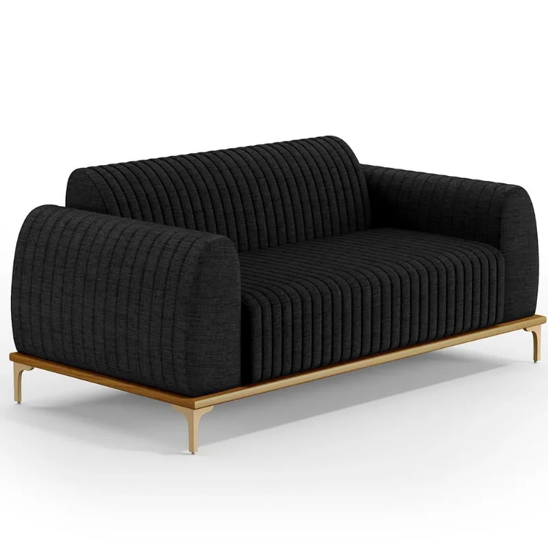 Sofá 3 Lugares Para Sala De Estar Molino 210 Cm D02 Pés D'ouro Linho Chumbo D-465 - Lyam Decor - Lyam Decor