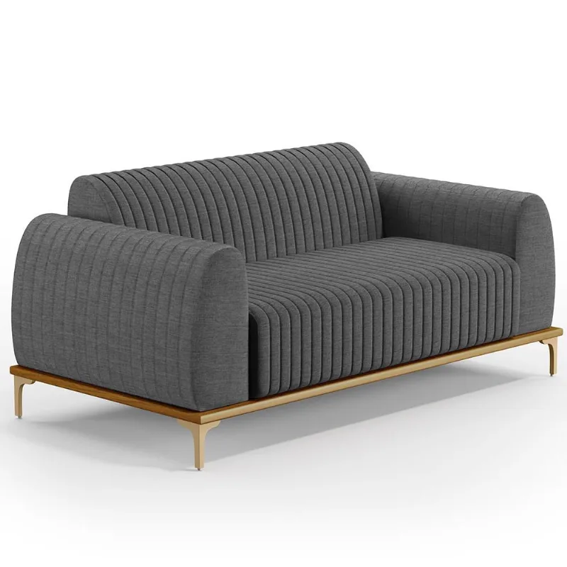 Sofá 3 Lugares Para Sala De Estar Molino 210 Cm D02 Pés D'ouro Linho Cinza Escuro C-416 - Lyam Decor - Lyam Decor