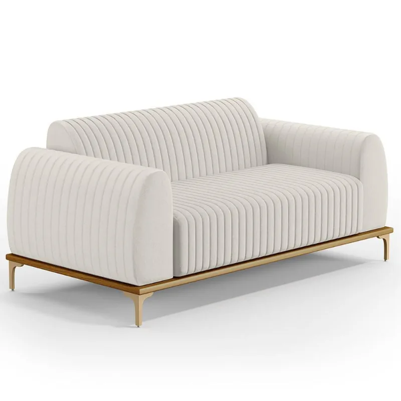 Sofá 3 Lugares Para Sala De Estar Molino 210 Cm D02 Pés D'ouro Linho Cru C-443 - Lyam Decor - Lyam Decor