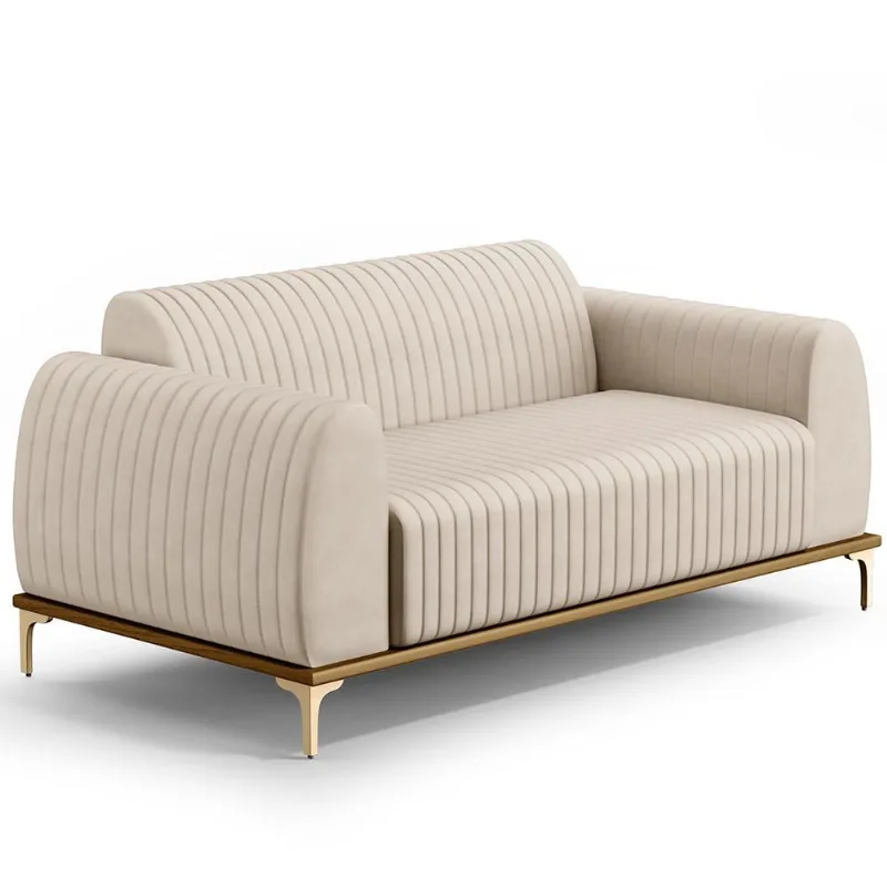 Sofá 3 Lugares Para Sala De Estar Molino 210 Cm D02 Pés D'ouro Veludo Bege C-309 - Lyam Decor - Lyam Decor