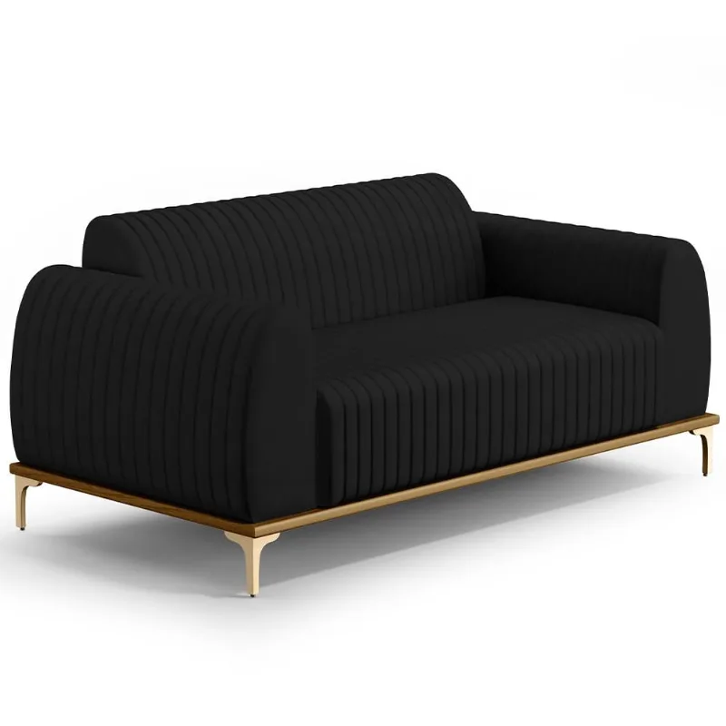 Sofá 3 Lugares Para Sala De Estar Molino 210 Cm D02 Pés D'ouro Veludo Preto C-300 - Lyam Decor - Lyam Decor
