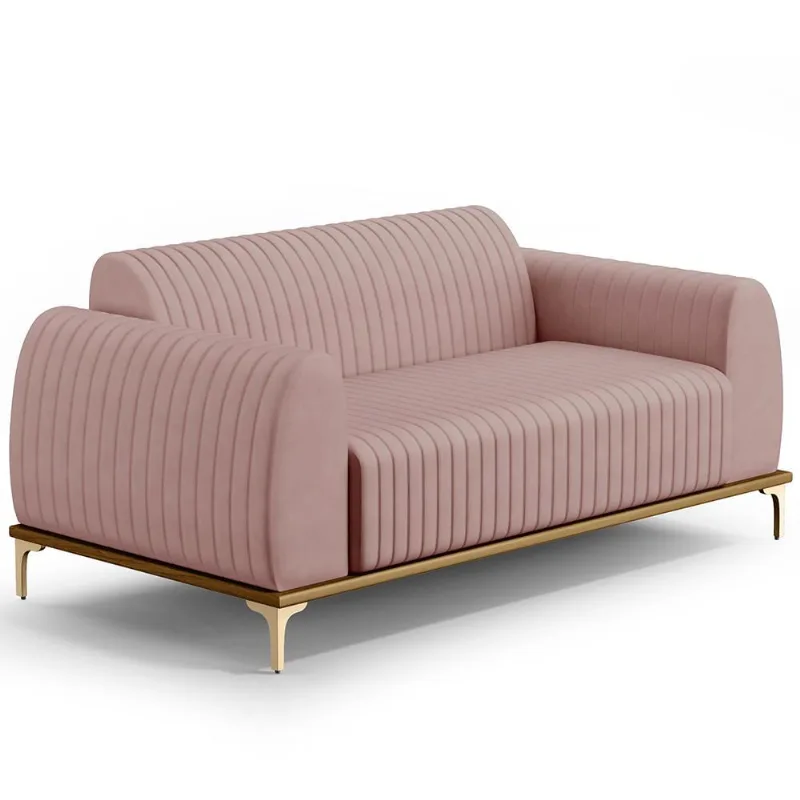 Sofá 3 Lugares Para Sala De Estar Molino 210 Cm D02 Pés D'ouro Veludo Rosê C-305 - Lyam Decor - Lyam Decor