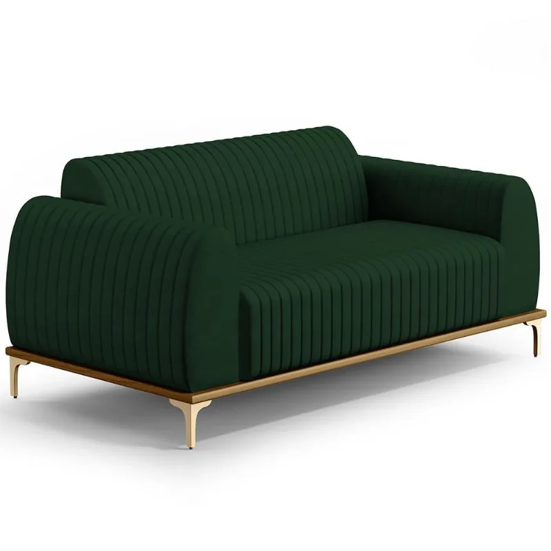 Sofá 3 Lugares Para Sala De Estar Molino 210 Cm D02 Pés D'ouro Veludo Verde Musgo C-303 - Lyam Decor - Lyam Decor