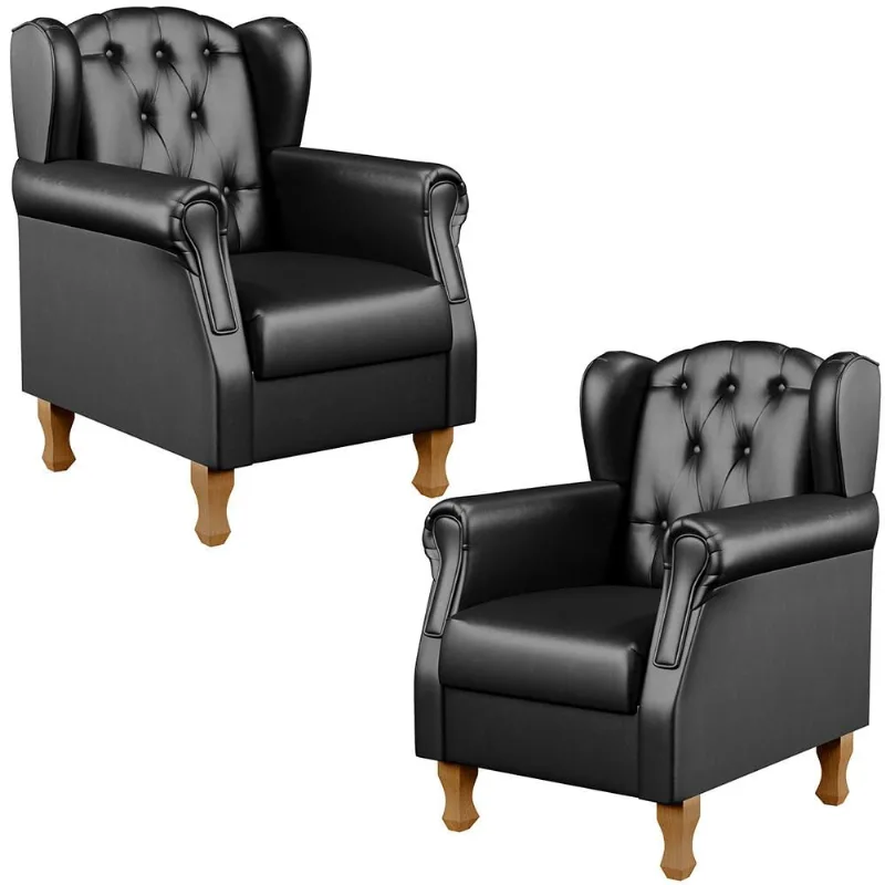 Kit 02 Poltronas Decorativa Para Sala De Estar Yara P02 Couríssimo Preto Brilho - Lyam Decor - Lyam Decor