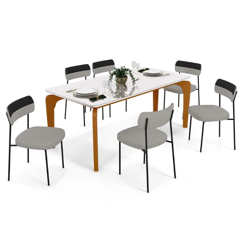 Mesa De Jantar Capri 160cm Off White 6 Cadeiras Melina B05 Linho Cinza Couríssimo Preto - Lyam Decor - Lyam Decor