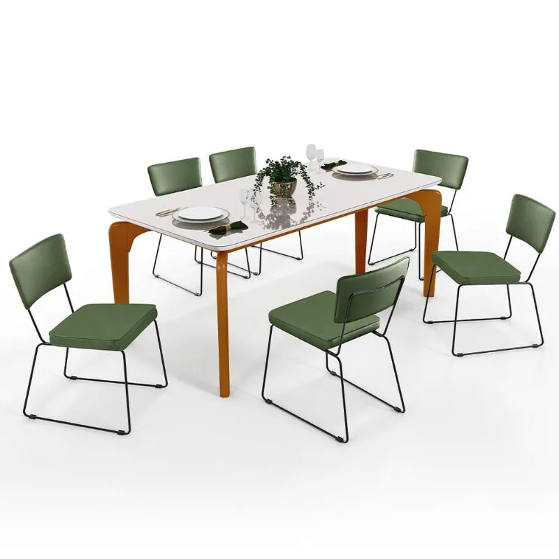 Mesa De Jantar Capri 160cm Off White Nature Com 6 Cadeiras Allana B05 Facto Verde Musgo - Lyam Decor - Lyam Decor