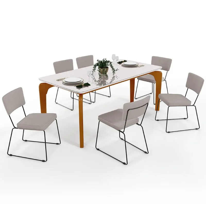 Mesa De Jantar Capri 160cm Off White Nature Com 6 Cadeiras Allana B05 Linho Bege - Lyam Decor - Lyam Decor