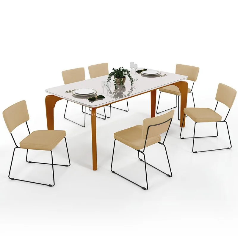 Mesa De Jantar Capri 160cm Off White Nature Com 6 Cadeiras Allana B05 Linho Bege Escuro - Lyam Decor - Lyam Decor