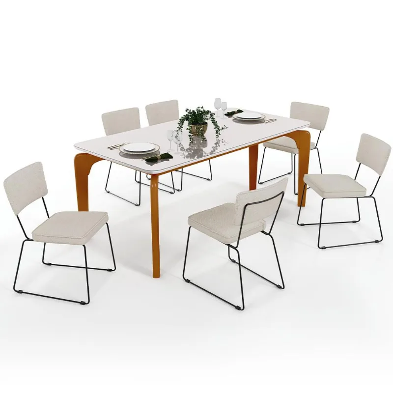 Mesa De Jantar Capri 160cm Off White Nature Com 6 Cadeiras Allana B05 Linho Champagne - Lyam Decor - Lyam Decor