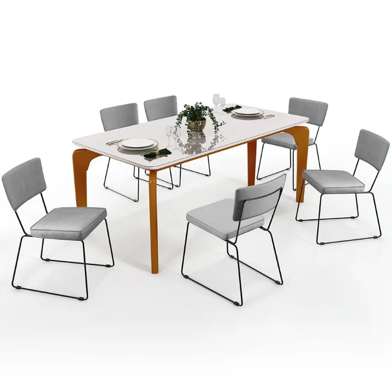 Mesa De Jantar Capri 160cm Off White Nature Com 6 Cadeiras Allana B05 Linho Cinza - Lyam Decor - Lyam Decor