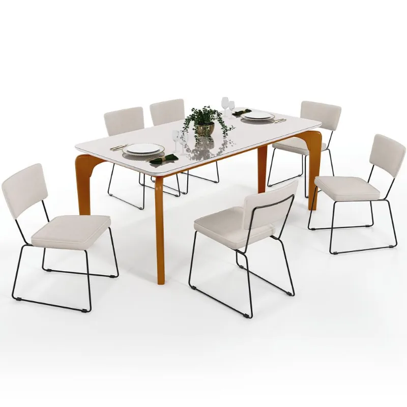 Mesa De Jantar Capri 160cm Off White Nature Com 6 Cadeiras Allana B05 Linho Cru - Lyam Decor - Lyam Decor