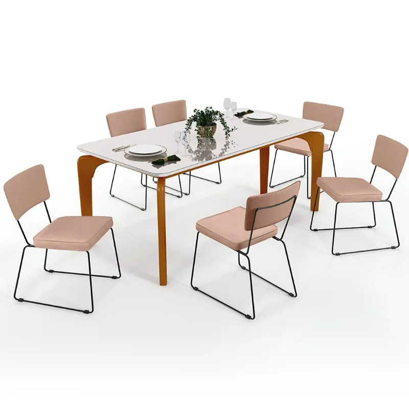 Mesa De Jantar Capri 160cm Off White Nature Com 6 Cadeiras Allana B05 Linho Rosê - Lyam Decor - Lyam Decor