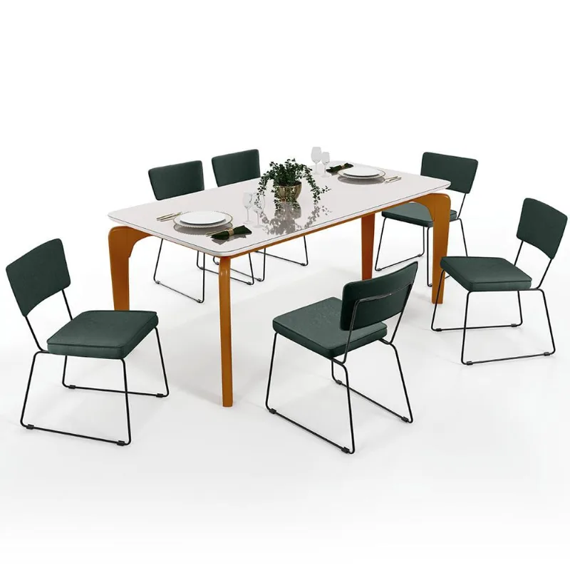 Mesa De Jantar Capri 160cm Off White Nature Com 6 Cadeiras Allana B05 Linho Verde Musgo - Lyam Decor - Lyam Decor