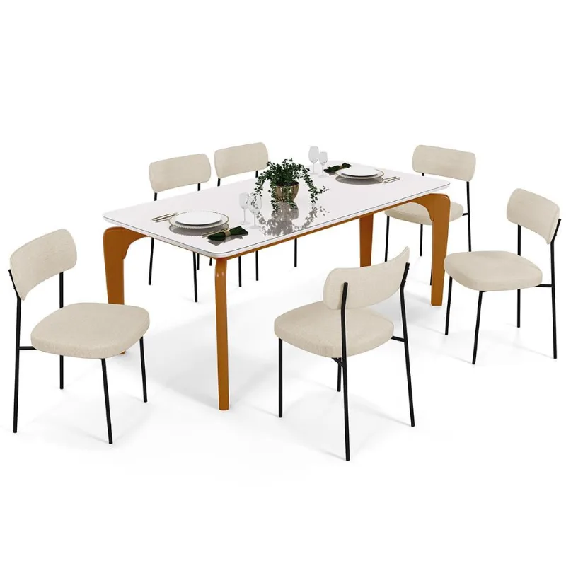 Mesa De Jantar Capri 160cm Off White Nature Com 6 Cadeiras Melina B05 Linho Bege - Lyam Decor - Lyam Decor