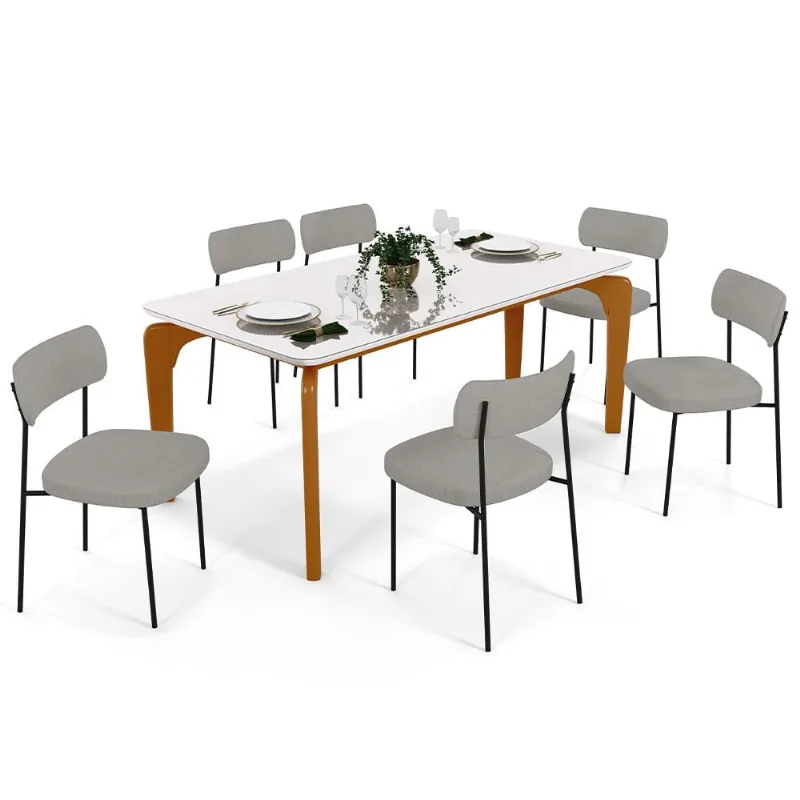 Mesa De Jantar Capri 160cm Off White Nature Com 6 Cadeiras Melina B05 Linho Cinza - Lyam Decor - Lyam Decor