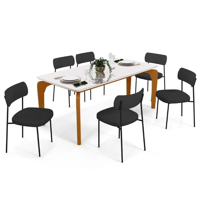 Mesa De Jantar Capri 160cm Off White Nature Com 6 Cadeiras Melina B05 Linho Grafite - Lyam Decor - Lyam Decor