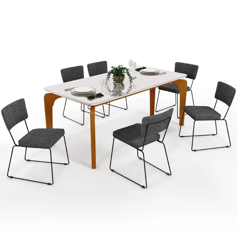 Mesa De Jantar Capri 160cm Off White Nature E 6 Cadeiras Allana B05 Linho Cinza Escuro - Lyam Decor - Lyam Decor
