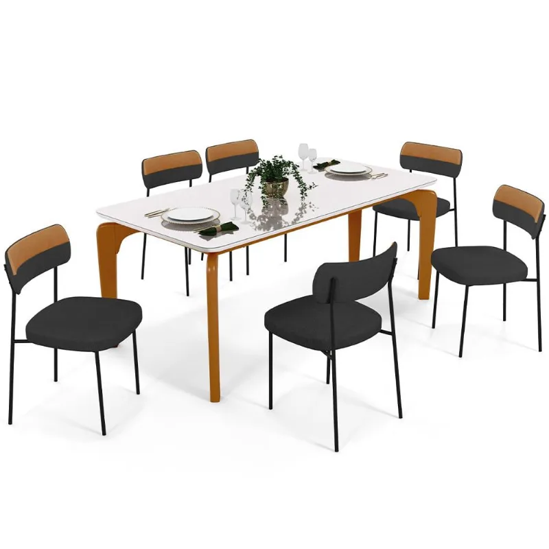 Mesa De Jantar Capri Off White 6 Cadeiras Melina B05 Linho Grafite Couríssimo Caramelo - Lyam Decor - Lyam Decor