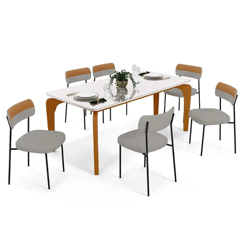 Mesa De Jantar Capri Off White E 6 Cadeiras Melina B05 Linho Cinza Couríssimo Caramelo - Lyam Decor - Lyam Decor