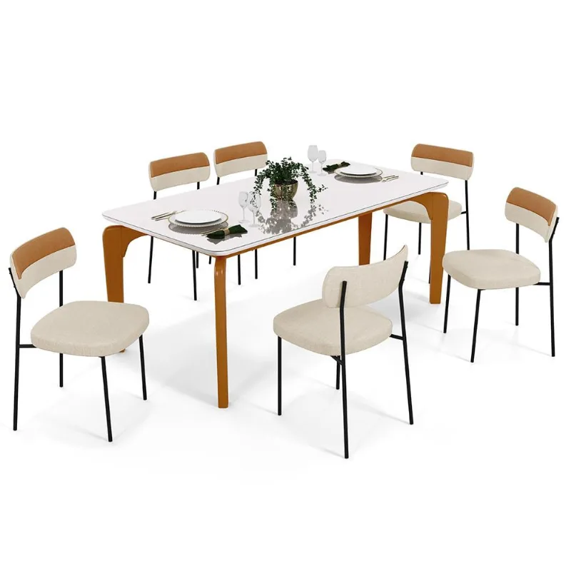 Mesa Jantar Capri 160cm Off White 6 Cadeiras Melina B05 Linho Bege Couríssimo Caramelo - Lyam Decor - Lyam Decor