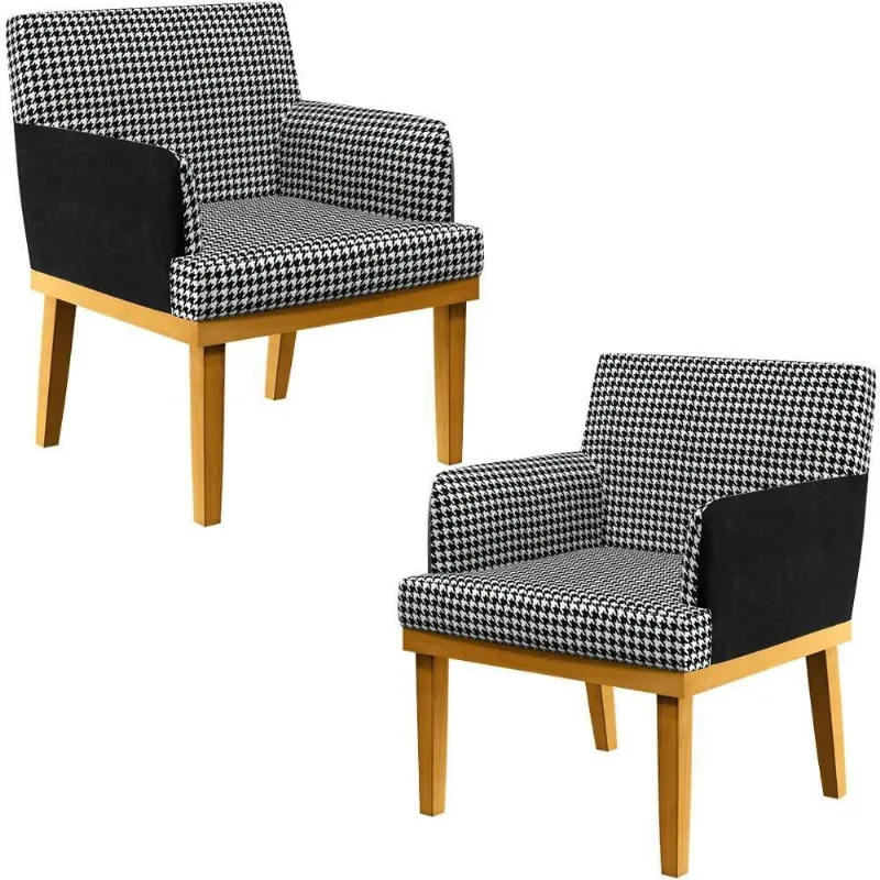 Kit 02 Poltronas Base Mel Suede Pied Poule Couríssimo Preto