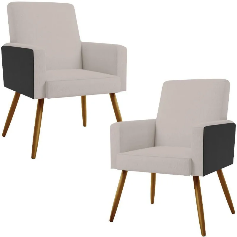Kit 02 Poltronas Pés Palito Linho Bege Couríssimo Preto