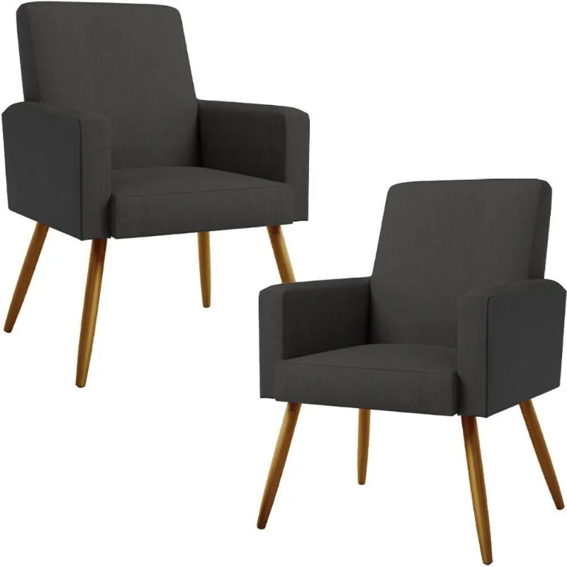 Kit 02 Poltronas Pés Palito Linho Chumbo Couríssimo Preto
