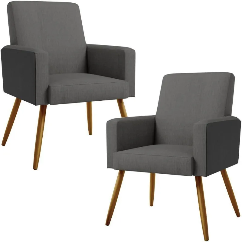 Kit 02 Poltronas Pés Palito Linho Cinza Escuro Preto