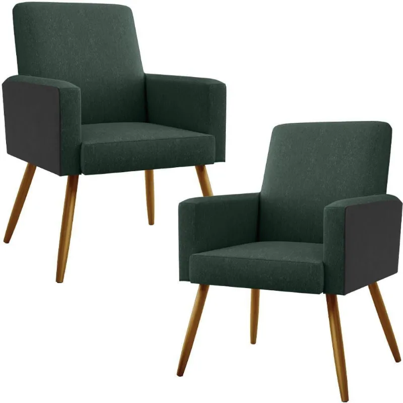 Kit 02 Poltronas Pés Palito Linho Verde Musgo Preto