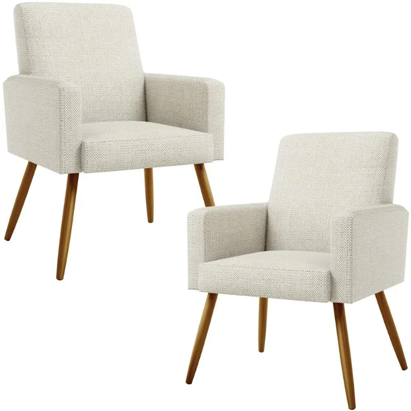Kit 02 Poltronas Decorativa Para Sala De Estar Maria W01 Pés Palito Linho Champagne - Lyam Decor