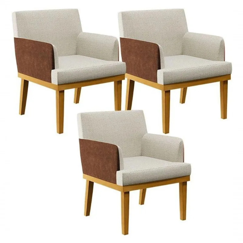 Kit 3 Poltronas Decorativas Beatriz W01 Linho Champagne Couríssimo Marrom Lyam Decor