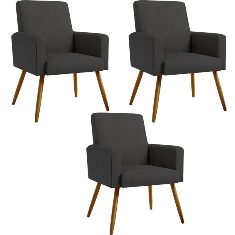 Kit 03 Poltronas Pés Palito Linho Chumbo Couríssimo Preto