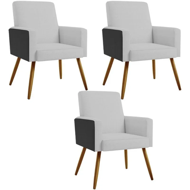 Kit 03 Poltronas Maria Pés Palito Cinza Couríssimo Preto