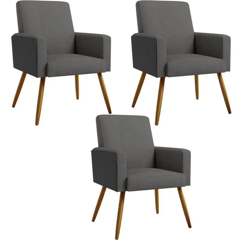 Kit 03 Poltronas Pés Palito Cinza Escuro Couríssimo Preto