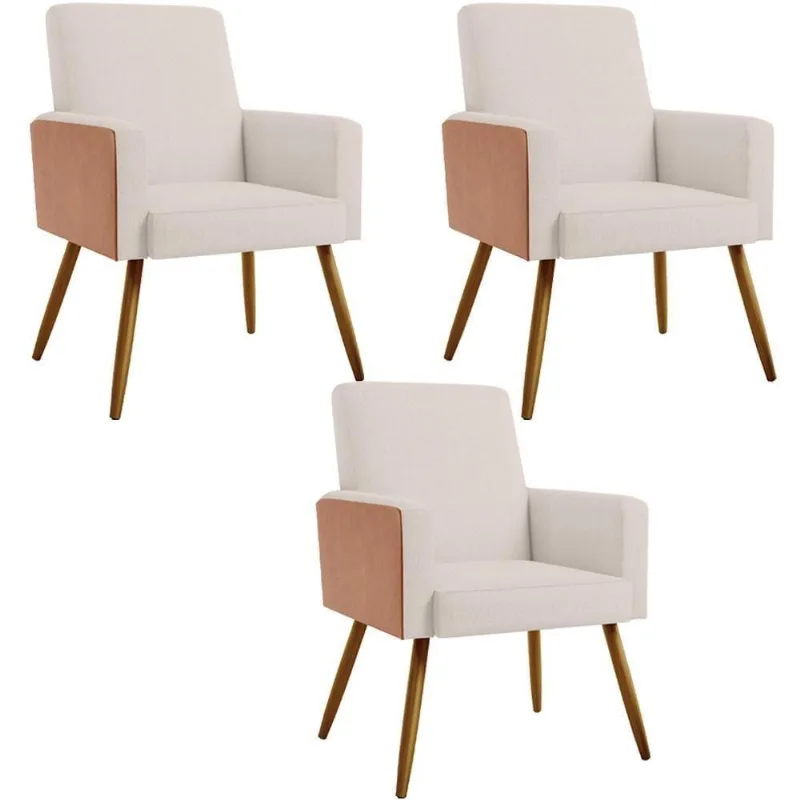 Kit 03 Poltronas Maria W01 Pés Palito Bege Caramelo Lyam Decor