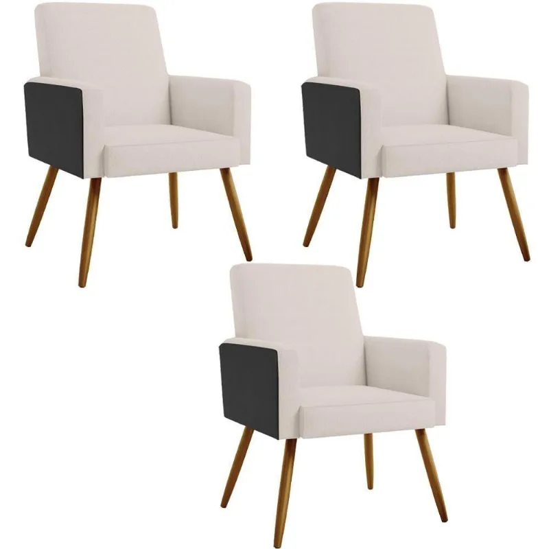 Kit 03 Poltronas Pés Palito Linho Cru Couríssimo Preto